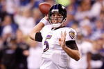 INDIANAPOLIS - JANUARY 16:  Quarterback Joe Flacco #5 of the Baltimore Ravens throws the ball against the Indianapolis Colts in the AFC Divisional Playoff Game at Lucas Oli Stadium on January 16, 2010 in Indianapolis, Indiana.  (Photo by Andy Lyons/Getty Images)