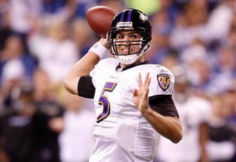 INDIANAPOLIS - JANUARY 16:  Quarterback Joe Flacco #5 of the Baltimore Ravens throws the ball against the Indianapolis Colts in the AFC Divisional Playoff Game at Lucas Oli Stadium on January 16, 2010 in Indianapolis, Indiana.  (Photo by Andy Lyons/Getty Images)