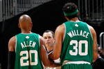 ATLANTA - JANUARY 29:  Rasheed Wallace #30 and Ray Allen #20 of the Boston Celtics question referee Matt Boland #46 (center) during the game against the Atlanta Hawks at Philips Arena on January 29, 2010 in Atlanta, Georgia.  NOTE TO USER: User expressly acknowledges and agrees that, by downloading and/or using this Photograph, User is consenting to the terms and conditions of the Getty Images License Agreement.  (Photo by Kevin C. Cox/Getty Images)