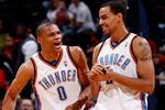 ATLANTA - JANUARY 18:  Russell Westbrook #0 and Thabo Sefolosha #2 of the Oklahoma City Thunder against the Atlanta Hawks at Philips Arena on January 18, 2010 in Atlanta, Georgia.  NOTE TO USER: User expressly acknowledges and agrees that, by downloading and/or using this Photograph, User is consenting to the terms and conditions of the Getty Images License Agreement.  (Photo by Kevin C. Cox/Getty Images)