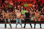 LAS VEGAS - AUGUST 24:  (L-R) Wrestler Shawn Michaels, World Wrestling Entertainment Inc. Chairman Vince McMahon, and wrestlers John Cena and Triple H pose in the ring during the WWE Monday Night Raw show at the Thomas & Mack Center August 24, 2009 in Las Vegas, Nevada.  (Photo by Ethan Miller/Getty Images)