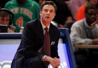 NEW YORK - MARCH 14:  Head coach Rick Pitino of the Louisville Cardinals looks on from the sidelines during a game against the Syracuse Orange during the championship game of the Big East Tournament at Madison Square Garden on March 14, 2009 in New York City.  (Photo by Michael Heiman/Getty Images)