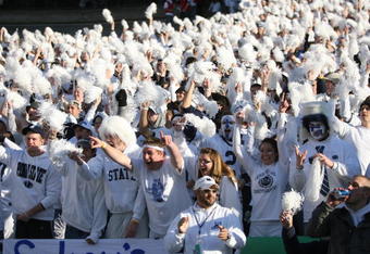 STATE COLLEGE, PA - NOVEMBER 7: Penn State Nittany Lion fans cheer as their team runs onto the field during a game against the Ohio State Buckeyes on November 7, 2009 at Beaver Stadium in State College, Pennsylvania. Ohio State won 24-7. (Photo by Hunter Martin/Getty Images)