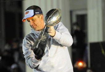 NEW ORLEANS - FEBRUARY 09:  New Orleans Saints coach Sean Peyton holds up the Lombardi trophy as he celebrate during the New Orleans Saints Super Bowl XLIV victory parade on St. Charles Avenue February 9, 2010 in New Orleans, Louisiana.  (Photo by Cheryl Gerber/Getty Images)