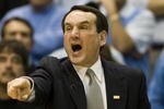 CHAPEL HILL, NC - FEBRUARY 10: Duke head coach Mike Krzyzewski argues a call against North Carolina during a men's college basketball game at Dean Smith Center on February 10, 2010 in Chapel Hill, North Carolina. (Photo by Chris Keane/Getty Images)