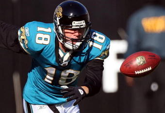 JACKSONVILLE, FL - NOVEMBER 23:  Matt Jones #18 of the Jacksonville Jaguars fumbles after making a reception against the Minnesota Vikings during the game at Jacksonville Municipal stadium on November 23, 2008 in Jacksonville, Florida.  (Photo by Sam Greenwood/Getty Images)