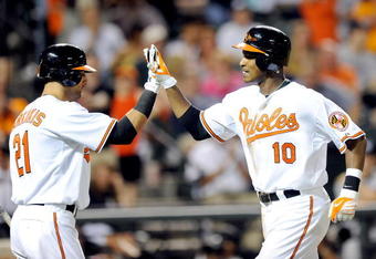 BALTIMORE - MAY 09:  Adam Jones #10 of the Baltimore Orioles is congratulated by Nick Markakis #21 after hitting a home run in the eighth inning against the New York Yankees at Oriole Park at Camden Yards on May 9, 2009 in Baltimore, Maryland.  (Photo by Greg Fiume/Getty Images)