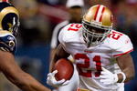 ST. LOUIS - JANUARY 3: Frank Gore #21 of the San Francisco 49ers rushes against the St. Louis Rams at the Edward Jones Dome on January 3, 2010 in St. Louis, Missouri.  The 49ers beat the Rams 28-6.  (Photo by Dilip Vishwanat/Getty Images)
