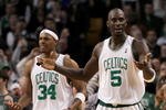 BOSTON - JANUARY 31:  Paul Pierce #34 and Kevin Garnett #5 of the Boston Celtics react to an official's call  against Pierce in the closing moments during a game against the Los Angeles Lakers at the TD Garden on January 31, 2010 in Boston, Massachusetts.  NOTE TO USER: User expressly acknowledges and agrees that, by downloading and or using this photograph, User is consenting to the terms and conditions of the Getty Images License Agreement. (Photo by Jim Rogash /Getty Images)