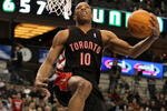 DALLAS - FEBRUARY 12:  DeMar DeRozan #10 of the Toronto Raptors shoots during the slam dunk contest at held at halftime during the T-Mobile Rookie Challenge & Youth Jam part of 2010 NBA All-Star Weekend at American Airlines Center on February 12, 2010 in Dallas, Texas. NOTE TO USER: User expressly acknowledges and agrees that, by downloading and or using this photograph, User is consenting to the terms and conditions of the Getty Images License Agreement.  (Photo by Jed Jacobsohn/Getty Images)