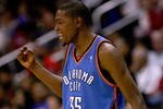 LOS ANGELES, CA - NOVEMBER 11:  Kevin Durant #35 of  the Oklahoma City Thunder celebrates during the game against the Los Angeles Clippers on November 11, 2009 at Staples Center in Los Angeles, California.   The Thunder won 83-79.   NOTE TO USER: User expressly acknowledges and agrees that, by downloading and/or using this Photograph, user is consenting to the terms and conditions of the Getty Images License Agreement.  (Photo by Stephen Dunn/Getty Images)