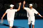 BRISBANE, AUSTRALIA - JANUARY 09:  Andy Roddick of the USA and James Blake of the USA celebrate winning a point in their mens doubles semi-final match against Jeremy Chardy of France and Marc Gicquel of France during day seven of the Brisbane International 2010 at Queensland Tennis Centre on January 9, 2010 in Brisbane, Australia.  (Photo by Mark Kolbe/Getty Images)
