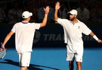 BRISBANE, AUSTRALIA - JANUARY 09:  Andy Roddick of the USA and James Blake of the USA celebrate winning a point in their mens doubles semi-final match against Jeremy Chardy of France and Marc Gicquel of France during day seven of the Brisbane International 2010 at Queensland Tennis Centre on January 9, 2010 in Brisbane, Australia.  (Photo by Mark Kolbe/Getty Images)
