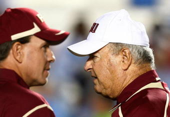 CHAPEL HILL, NC - OCTOBER 22:  Florida State Seminoles Head Coach Bobby Bowden, (R) and Offensive Coordinator Jimbo Fisher watch the pregame action prior to the start of the game against the North Carolina Tar Heels at Kenan Stadium on October 22, 2009 in Chapel Hill, North Carolina.  (Photo by Scott Halleran/Getty Images)