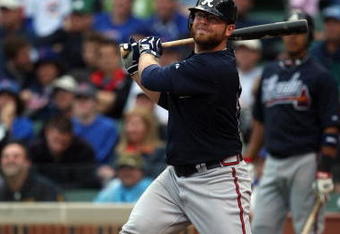 CHICAGO - JULY 8:  Brian McCann #16 of the Atlanta Braves bats against the Chicago Cubs during the game on July 8, 2009 at Wrigley Field in Chicago, Illinois. (Photo by Jonathan Daniel/Getty Images) 