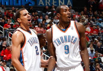 ATLANTA - JANUARY 18:  Thabo Sefolosha #2 and Serge Ibaka #9 of the Oklahoma City Thunder against the Atlanta Hawks at Philips Arena on January 18, 2010 in Atlanta, Georgia.  NOTE TO USER: User expressly acknowledges and agrees that, by downloading and/or using this Photograph, User is consenting to the terms and conditions of the Getty Images License Agreement.  (Photo by Kevin C. Cox/Getty Images)