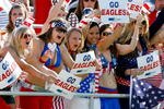 LAS VEGAS - FEBRUARY 14:  Female fans of the United States cheer as the team takes the pitch for a game against Guyana during the IRB Sevens World Series at Sam Boyd Stadium February 14, 2010 in Las Vegas, Nevada. The United States won the quarterfinal match 33-12.  (Photo by Ethan Miller/Getty Images)