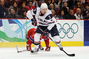 VANCOUVER, BC - FEBRUARY 18:  Jack Johnson of the United States during the ice hockey men's preliminary game between USA and Norway on day 7 of the 2010 Winter Olympics at Canada Hockey Place on February 18, 2010 in Vancouver, Canada.  (Photo by Bruce Bennett/Getty Images)