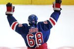 NEW YORK - MAY 01:  Jaromir Jagr #68 of the New York Rangers acknowledges the crowd after being named the second star after his team defeated the Pittsburgh Penguins 3-0 in Game 4 of the Eastern Conference Semifinals of the 2008 NHL Stanley Cup Playoffs at Madison Square Garden on May 1, 2008 in New York City.  The Penguins lead the series 3-1.  (Photo by Bruce Bennett/Getty Images)