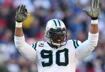 EAST RUTHERFORD, NJ - DECEMBER 27: Julius Peppers #90 of the Carolina Panthers against the New York Giants at Giants Stadium on December 27, 2009 in East Rutherford, New Jersey.  (Photo by Nick Laham/Getty Images)