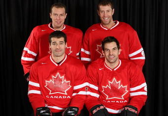 SAN JOSE, CA - JANUARY 26:  Patrick Marleau, Joe Thornton, Dany Heatley and Dan Boyle of the San Jose Sharks pose for there Olympic Photo Shoot in there team Canada jersey for the 2010 Olympics.  (Photo by Don Smith/Getty Images)