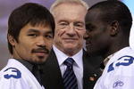ARLINGTON, TX - JANUARY 19:  Boxers Manny Pacquiao (L) and Joshua Clottey (R) pose for photos with Jerry Jones, owner of the Dallas Cowboys, at Cowboys Stadium on January 19, 2010 in Arlington, Texas.  (Photo by Ronald Martinez/Getty Images)