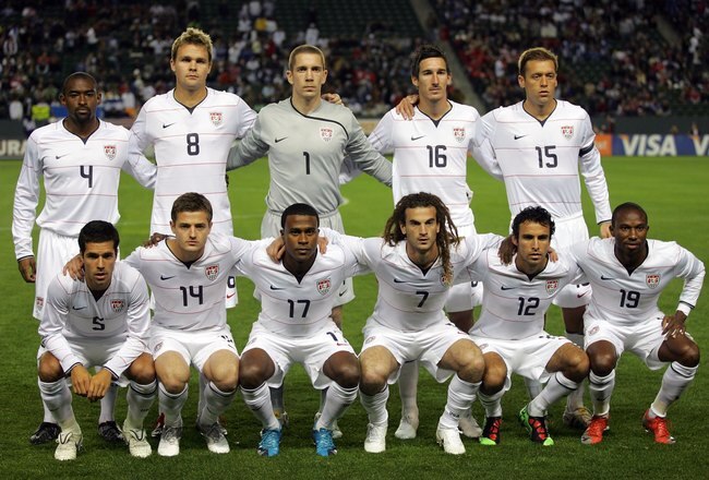 CARSON, CA - JANUARY 23:  (L-R, Back to Front Row) Marvell Wynne #4, Chad Marshall #8, goalkeeper Troy Perkins #1, Sacha Kljestan #16, Jimmy Conrad #15, Benny Feilhaber #5, Robbie Rogers #14, Robbie Findley #17, Kyle Beckerman #7, Jonathan Bornstein #12 and Jeff Cunningham #19 of USA pose for a team photo prior to their international friendly match against Honduras on January 23, 2010 in Carson, California. Honduras defeated USA 3-1.  (Photo by Victor Decolongon/Getty Images)