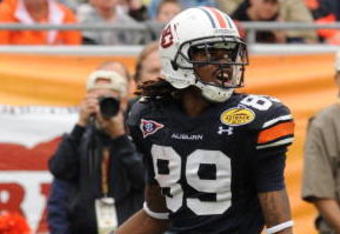 TAMPA, FL - JANUARY 1: Wide receiver Darvin Adams #89 of the Auburn Tigers looks for a pass against the Northwestern Wildcats in the Outback Bowl January 1, 2010 at Raymond James Stadium in Tampa, Florida.  (Photo by Al Messerschmidt/Getty Images) 