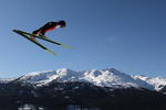 WHISTLER, BC - FEBRUARY 20:  Simon Ammann of Switzerland soars off the Large Hill on day 9 of the 2010 Vancouver Winter Olympics at Ski Jumping Stadium on February 20, 2010 in Whistler, Canada.  (Photo by Al Bello/Getty Images)