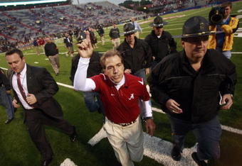 OXFORD, MS - OCTOBER 10:  Coach Nick Saban of the Alabama Crimson Tide reacts at the end of a 22-3 win over the Mississippi Rebels at Vaught-Hemingway Stadium on October 10, 2009 in Oxford, Mississippi. (Photo by Dave Martin/Getty Images)