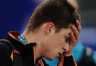 VANCOUVER, BC - FEBRUARY 23:  Sven Kramer of Netherlands reacts after finishing first but being disqualified in the men's speed skating 10000 m on day 12 of the 2010 Vancouver Winter Olympics at Richmond Olympic Oval on February 23, 2010 in Vancouver, Canada.  (Photo by Jasper Juinen/Getty Images)