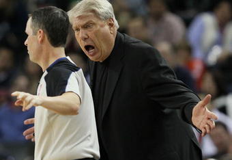 OAKLAND, CA - FEBRUARY 21: Head coach Don Nelson of the Golden State Warriors yells at a referee against the Atlanta Hawks during an NBA game at Oracle Arena on February 21, 2010 in Oakland, California.  NOTE TO USER: User expressly acknowledges and agrees that, by downloading and/or using this Photograph, user is consenting to the terms and conditions of the Getty Images License Agreement.  (Photo by Jed Jacobsohn/Getty Images)