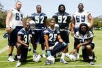 SAN DIEGO - MAY 03: The 2009 rookie draft class of the San Diego Chargers (L-R) Guard Louis Vasquez #65, cornerback Brandon Hughes #36, linebacker Larry English #52, safety Kevin Ellison #25, defensive tackle Vaughn Martin #92, center Tyronne Green #69 and running back Gartrell Johnson #33 pose for a group photo during Chargers minicamp at the team's training facility on May 3, 2009 in San Diego, California. (Photo by Kevin Terrell/Getty Images)