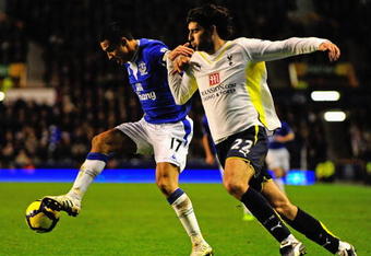 LIVERPOOL, ENGLAND - DECEMBER 06:  Tim Cahill of Everton battles for the ball with Vedran Corluka of Tottenham Hotspur during the Barclays Premier League match between Everton and Tottenham Hotspur at Goodison Park on December 6, 2009 in Liverpool, England.  (Photo by Jamie McDonald/Getty Images)