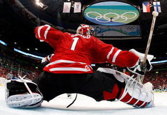 VANCOUVER, BC - FEBRUARY 23:  Goalie Roberto Luongo #1 of Canada tends goal during the ice hockey Men's Qualification Playoff game between Germany and Canada on day 12 of the Vancouver 2010 Winter Olympics at UBC Thunderbird Arena on February 23, 2010 in Vancouver, Canada.  (Photo by Scott Audette-Pool/Getty Images)