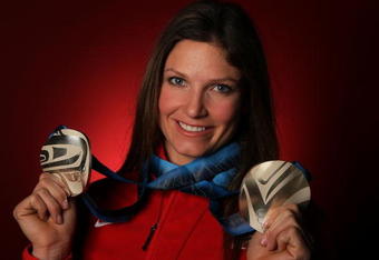 NORTH VANCOUVER, BC - FEBRUARY 26:  (BROADCAST OUT)  Alpine skier Julia Mancuso of the United States poses with her silver medals for the ladies' downhill and ladies' super combined in the NBC Today Show Studio at Grouse Mountain on February 26, 2010 in North Vancouver, Canada.  (Photo by Scott Halleran/Getty Images)
