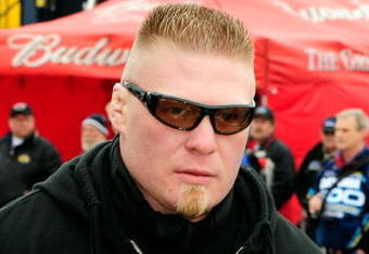 DAYTONA BEACH, FL - FEBRUARY 13:  MMA fighter Brock Lesnar walks in the garage area during practice for the Daytona 500 at Daytona International Speedway on February 13, 2010 in Daytona Beach, Florida.  (Photo by Sam Greenwood/Getty Images for NASCAR)