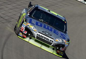 LAS VEGAS - FEBRUARY 28:  Jimmie Johnson, driver of the #48 Lowe's Chevrolet, leads Kyle Busch, driver of the #18 M&M's Toyota, and Carl Edwards, driver of the #99 Aflac Ford, during the NASCAR Sprint Cup Series Shelby American at Las Vegas Motor Speedway on February 28, 2010 in Las Vegas, Nevada.  (Photo by Todd Warshaw/Getty Images)