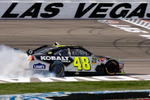 LAS VEGAS - FEBRUARY 28:  Jimmie Johnson, driver of the #48 Lowe's/Kobalt Tools Chevrolet, celebrates by doing a burnout after winning the NASCAR Sprint Cup Series Shelby American at Las Vegas Motor Speedway on February 28, 2010 in Las Vegas, Nevada.  (Photo by Geoff Burke/Getty Images for NASCAR)