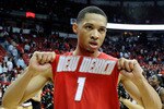 LAS VEGAS - FEBRUARY 10:  Darington Hobson #1 of the New Mexico Lobos celebrates on the court after the team's 76-66 victory over the UNLV Rebels at the Thomas & Mack Center February 10, 2010 in Las Vegas, Nevada.  (Photo by Ethan Miller/Getty Images)