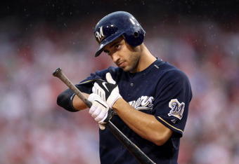 PHILADELPHIA - OCTOBER 1:  Ryan Braun #8 of the Milwaukee Brewers looks on during his at-bat in Game 1 of the NLDS Playoffs against the Philadelphia Phillies at Citizens Bank Ballpark on October 1, 2008 in Philadelphia, Pennsylvania. The Phillies defeated the Brewers 3-1. (Photo by Nick Laham/Getty Images)
