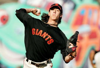 SAN FRANCISCO - AUGUST 26:  Tim Lincecum #55 of the San Francisco Giants throws in the bullpen before their game against the Arizona Diamondbacks at AT&T Park on August 26, 2009 in San Francisco, California.  (Photo by Ezra Shaw/Getty Images for Reebok)