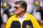 12 Sep 1992: Coach Hayden Fry of the Iowa Hawkeyes looks on during a game against the Iowa State Cyclones. The Iowa Hawkeyes won the game 21-7.