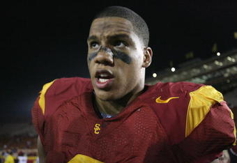 LOS ANGELES - OCTOBER 4:  Taylor Mays of the USC Trojans is interviewed on the field after the game against the Oregon Ducks on October 4, 2008 at the Los Angeles Memorial Coliseum in Los Angeles, California.  USC won 44-10.  (Photo by Jeff Golden/Getty Images)