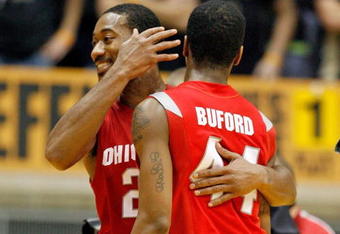 WEST LAFAYETTE, IN - JANUARY 12:  David Lighty #23 and  William Buford #44 of the Ohio State Buckeyes celebrate following the Big Ten game against the Purdue Boilermakers at Mackey Arena on January 12, 2010 in West Lafayette, Indiana. Ohio state won 70-66.  (Photo by Andy Lyons/Getty Images)