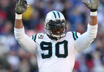 EAST RUTHERFORD, NJ - DECEMBER 27: Julius Peppers #90 of the Carolina Panthers against the New York Giants at Giants Stadium on December 27, 2009 in East Rutherford, New Jersey.  (Photo by Nick Laham/Getty Images)