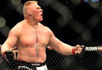 LAS VEGAS - JULY 11:  Brock Lesnar reacts after knocking out Frank Mir during their heavyweight title bout during UFC 100 on July 11, 2009 in Las Vegas, Nevada.  (Photo by Jon Kopaloff/Getty Images)