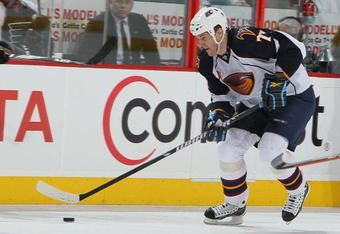 PHILADELPHIA - JANUARY 28:  Pavel Kubina #77 of the Atlanta Thrashers in action against  The Philadelphia Flyers during their game on January 28, 2010 at The Wachovia Center in Philadelphia, Pennsylvania.  (Photo by Al Bello/Getty Images)
