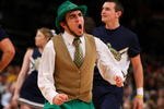 NEW YORK - MARCH 11: Tthe Notre Dame Fighting Irish mascot cheers on the court during a game against the West Virginia Mountaineers during the second round of the Big East Tournament at Madison Square Garden on March 11, 2009 in New York City.  (Photo by Jim McIsaac/Getty Images)