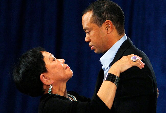 PONTE VEDRA BEACH, FL - FEBRUARY 19:  Golfer Tiger Woods hugs his mother Kultida Woods after making a statement from the Sunset Room on the second floor of the TPC Sawgrass, home of the PGA Tour on February 19, 2010 in Ponte Vedra Beach, Florida. Woods publicly admitted to cheating on his wife Elin Nordegren but maintained that the issues remain 'a matter between a husband and a wife.'  (Photo by Joe Skipper-Pool/Getty Images)